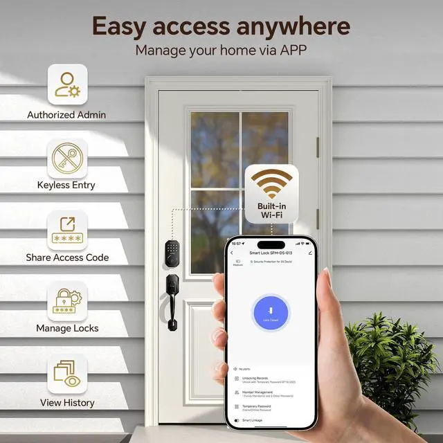 Alt view image 4 of 7 - WiFi Smart Door Lock for Front Door, Keyless Entry Door Lock with App Control, Front Door Lock Set, Keypad Deadbolt with Handle Set, 5 Keys, Auto-Lock One-Touch Lock, One-time Codes, Black