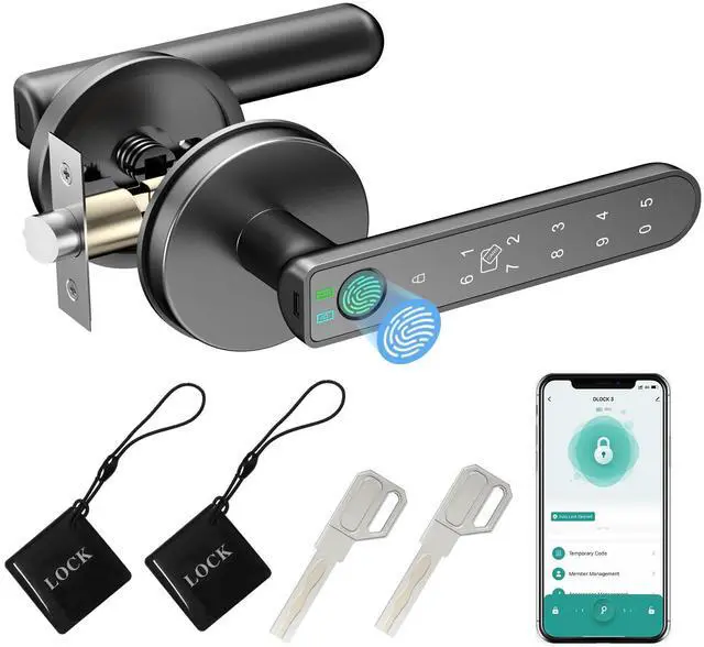 Main image of Fingerprint Door Lock, 5 in 1 Smart Door Knob with Smart APP/Fingerprint/IC Cards/Password/Backup Keys, Finger Print Door Knob with Keypad for Bedroom, Office, Apartment, Black, 1 Pack