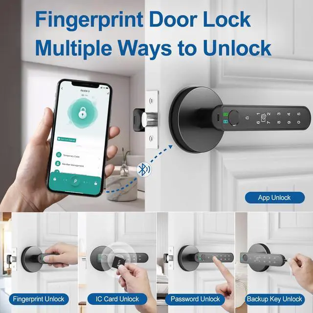 Alt view image 2 of 6 - Fingerprint Door Lock, 5 in 1 Smart Door Knob with Smart APP/Fingerprint/IC Cards/Password/Backup Keys, Finger Print Door Knob with Keypad for Bedroom, Office, Apartment, Black, 1 Pack