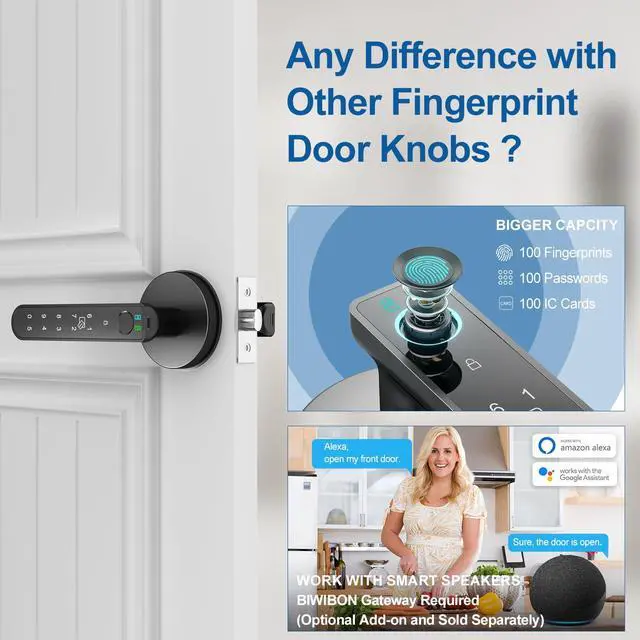 Alt view image 4 of 6 - Fingerprint Door Lock, 5 in 1 Smart Door Knob with Smart APP/Fingerprint/IC Cards/Password/Backup Keys, Finger Print Door Knob with Keypad for Bedroom, Office, Apartment, Black, 1 Pack