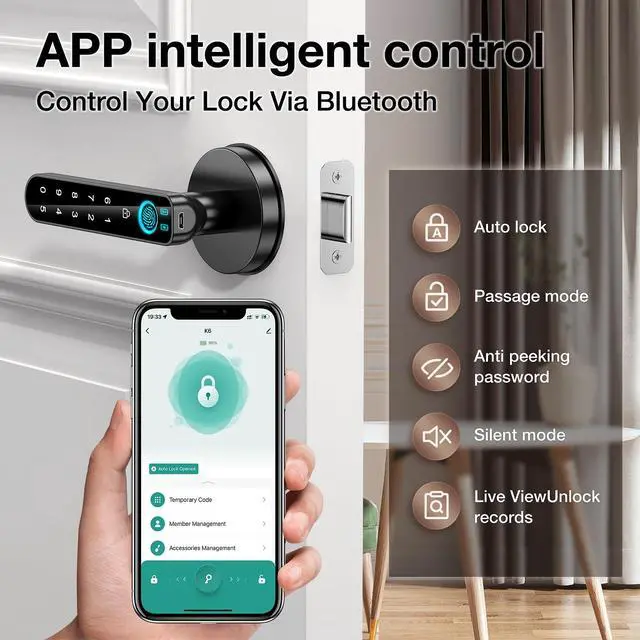 Alt view image 3 of 7 - Fingerprint Door Lock- Smart Door knob,biometric Door Lockwith passcode keypad keyless Entry Door Handlefor Bedroom Home Hotel Office Apartment (Black with APP)