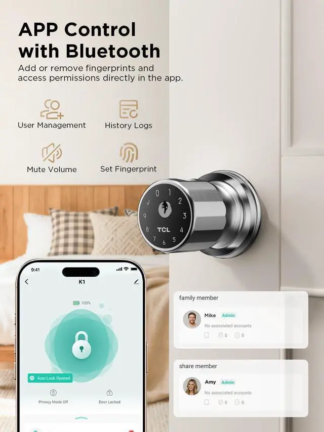 Alt view image 5 of 7 - K1 Smart Knob, Fingerprint Door Knob with Lock, Keyless Entry Biometric Electronic knob, App Control & Code Keypad Door Lock for Bedroom, Apartment, Home, Office & Garage