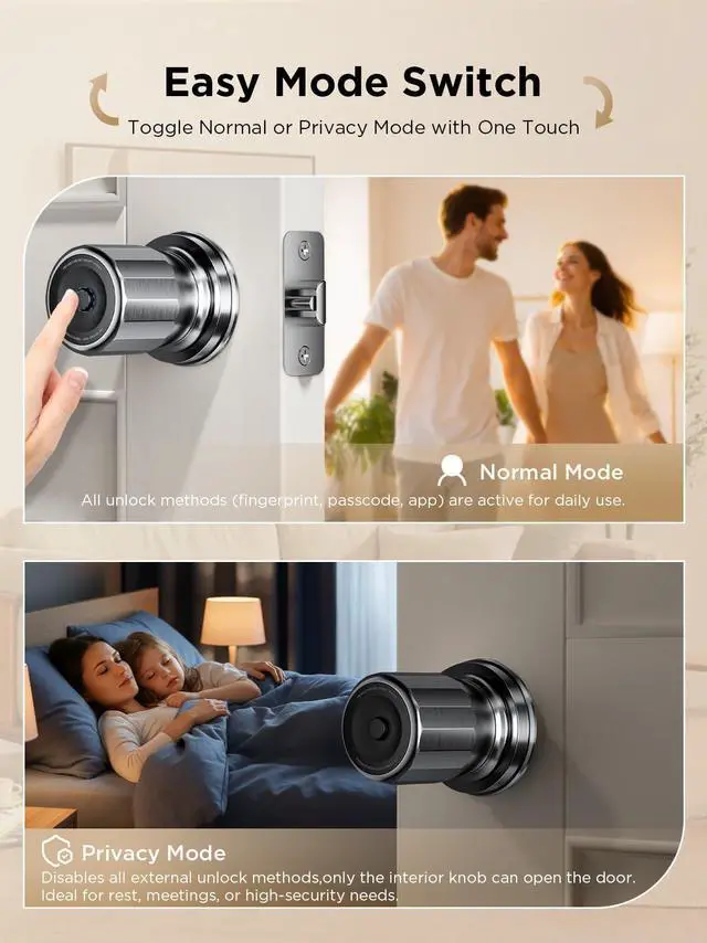 Alt view image 4 of 7 - K1 Smart Knob, Fingerprint Door Knob with Lock, Keyless Entry Biometric Electronic knob, App Control & Code Keypad Door Lock for Bedroom, Apartment, Home, Office & Garage