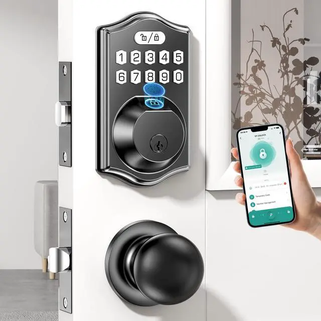 Main image of Smart Front Door Lock Set: Keyless Entry Fingerprint Keypad & Deadbolt with App Control/Password/Digital/Key/Auto-Lock & Easy Self-Install for Family Elderly Home Security