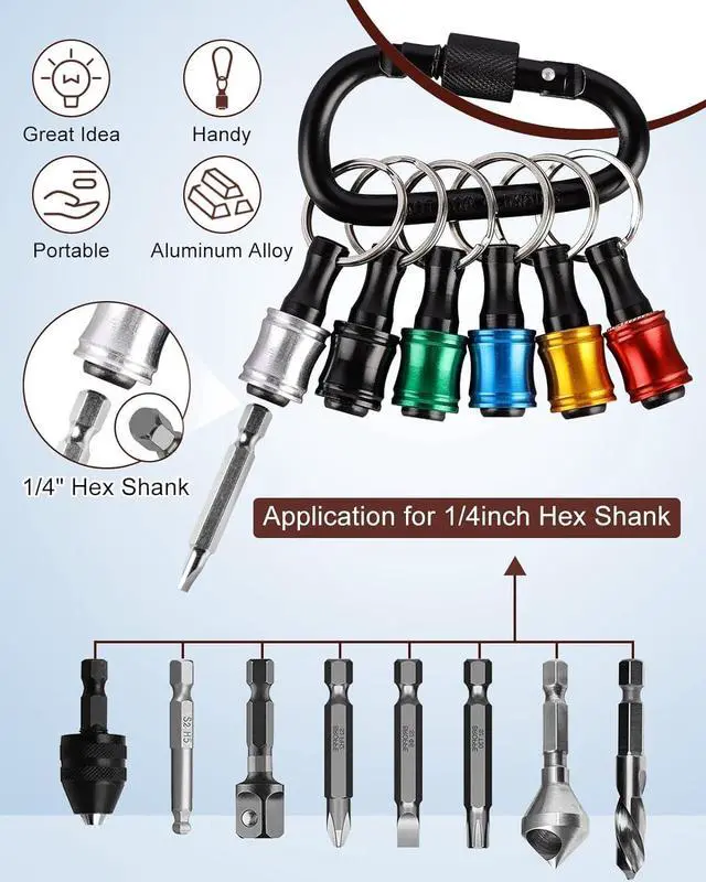 Alt view image 2 of 7 - Push to Unlock,6pcs 1/4 inch Hex Shank Aluminum Alloy Screwdriver Bit Holder Light-Weight Quick-Change Extension Bar Keychain Drill Screw Adapter Portable,Black Carabiner,Tool Gifts for Men