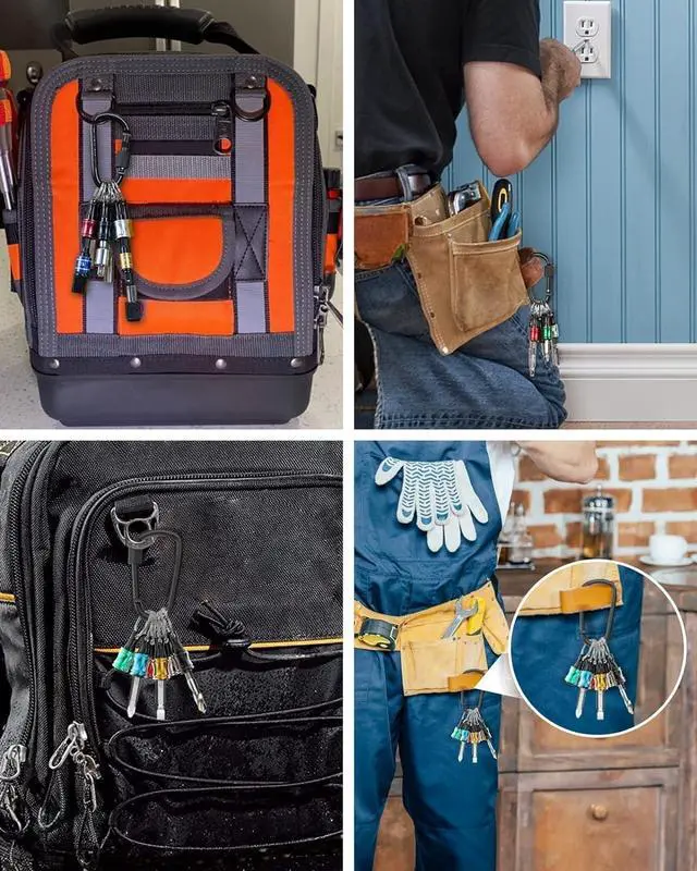 Alt view image 5 of 7 - Push to Unlock,6pcs 1/4 inch Hex Shank Aluminum Alloy Screwdriver Bit Holder Light-Weight Quick-Change Extension Bar Keychain Drill Screw Adapter Portable,Black Carabiner,Tool Gifts for Men