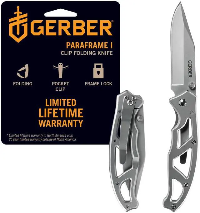 Main image of Gear Paraframe I EDC Folding Pocket Knife, 3" Fine Edge with Safety Frame Lock, Stainless Steel, Grey
