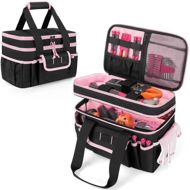Main image of Tool Tote Bag for Women, Double Layer Tool Storage Organizer Bag with Divider for Electrician, Carpenters, Repairman, Black