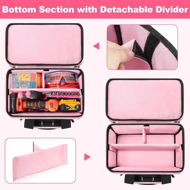 Alt view image 2 of 7 - Tool Tote Bag for Women, Double Layer Tool Storage Organizer Bag with Divider for Electrician, Carpenters, Repairman, Black