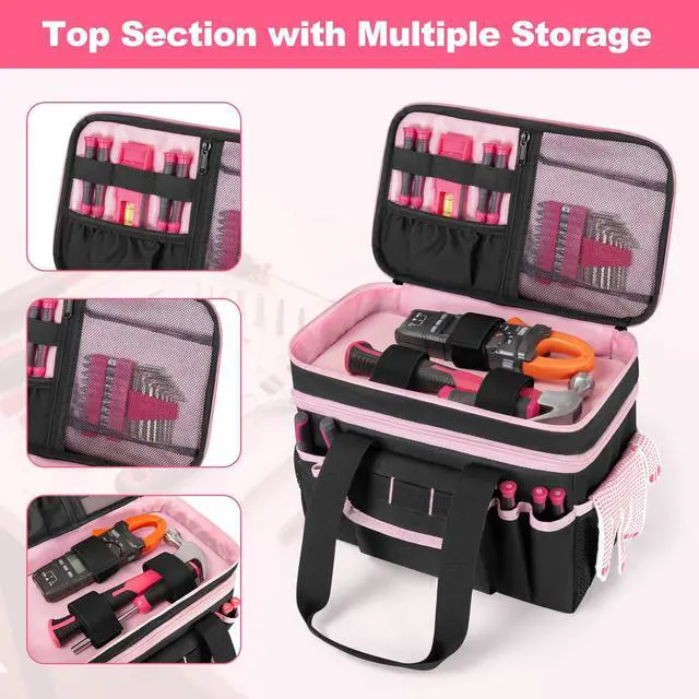 Alt view image 3 of 7 - Tool Tote Bag for Women, Double Layer Tool Storage Organizer Bag with Divider for Electrician, Carpenters, Repairman, Black