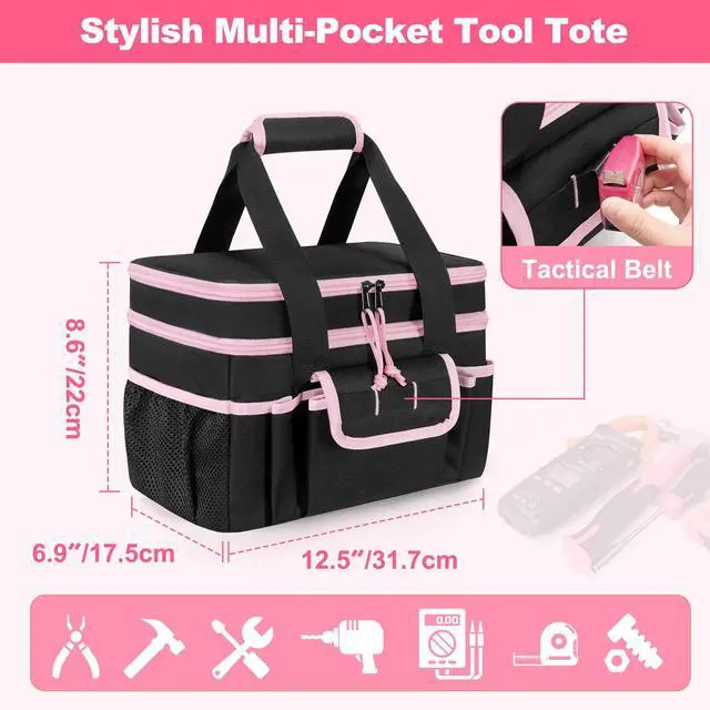 Alt view image 5 of 7 - Tool Tote Bag for Women, Double Layer Tool Storage Organizer Bag with Divider for Electrician, Carpenters, Repairman, Black