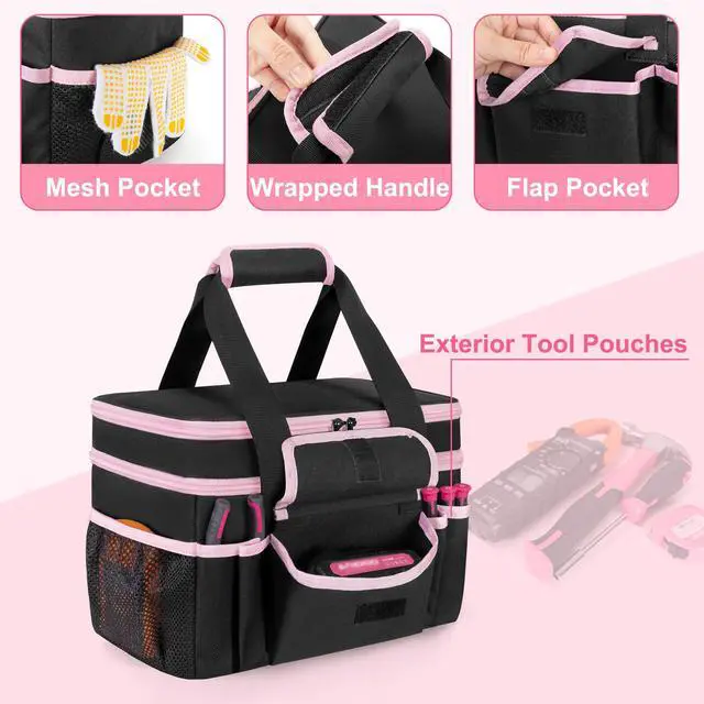 Alt view image 4 of 7 - Tool Tote Bag for Women, Double Layer Tool Storage Organizer Bag with Divider for Electrician, Carpenters, Repairman, Black