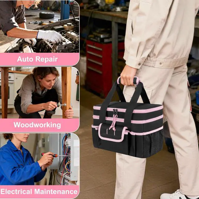 Alt view image 6 of 7 - Tool Tote Bag for Women, Double Layer Tool Storage Organizer Bag with Divider for Electrician, Carpenters, Repairman, Black