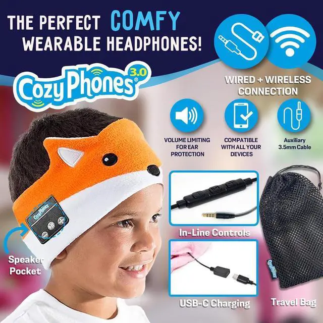 Alt view image 3 of 7 - Toddler Headphones Wireless, Kids Bluetooth Earphones, Safe Volume - Wired School Headphones for Kids with 3.5 MM Jack and Travel Bag - Toddler Airplane Accessories for Boys & Girls - Fox