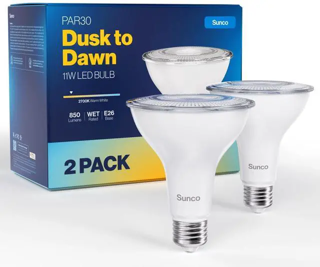Main image of 2 Pack PAR30 LED Dusk to Dawn Light Bulbs, 850 Lumens, 11W, 2700K Soft White, Non-Dimmable, E26, Wet Rated Outdoor Flood Light Bulb with Photocell Sensor, for Porch, Patio, Backyard, UL