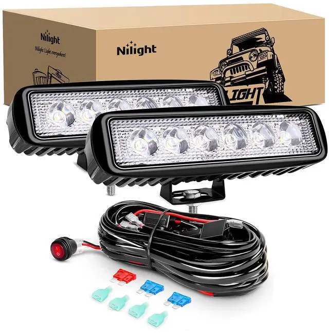 Main image of 2Pcs 18w Spot LED Work Lights LED Pods Fog Lights Off Road Led Lights Driving Lights with16AWG Off Road Wiring Harness Kit-2 Leads