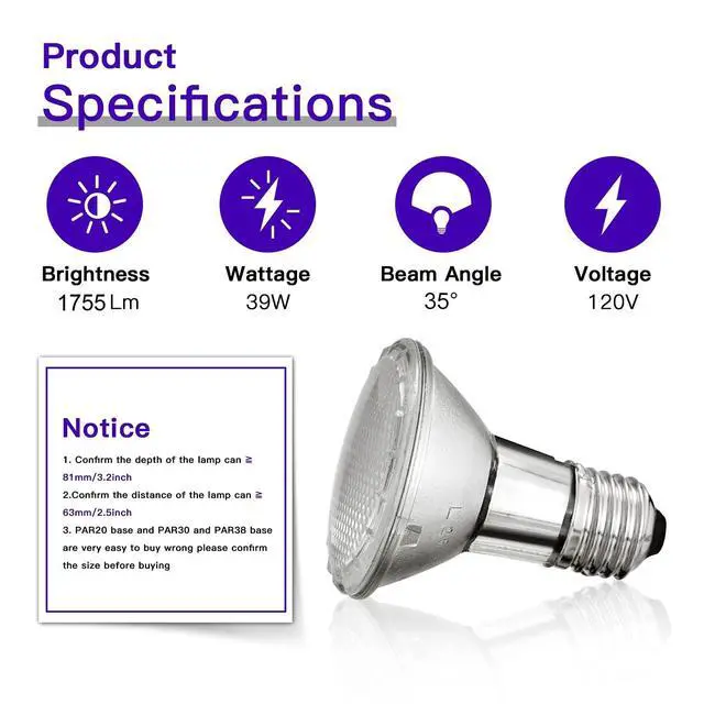 Alt view image 6 of 6 - PAR20 Flood 39W 120V Halogen Light Bulbs 6 Pcs, PAR20 39W ECO Halogen Bulb Warm White 2700K, Dmimable Par20 E26 Halogen Bulb 1755 Lumens Reflector for Track Lighting & Hood Range Light Bulbs