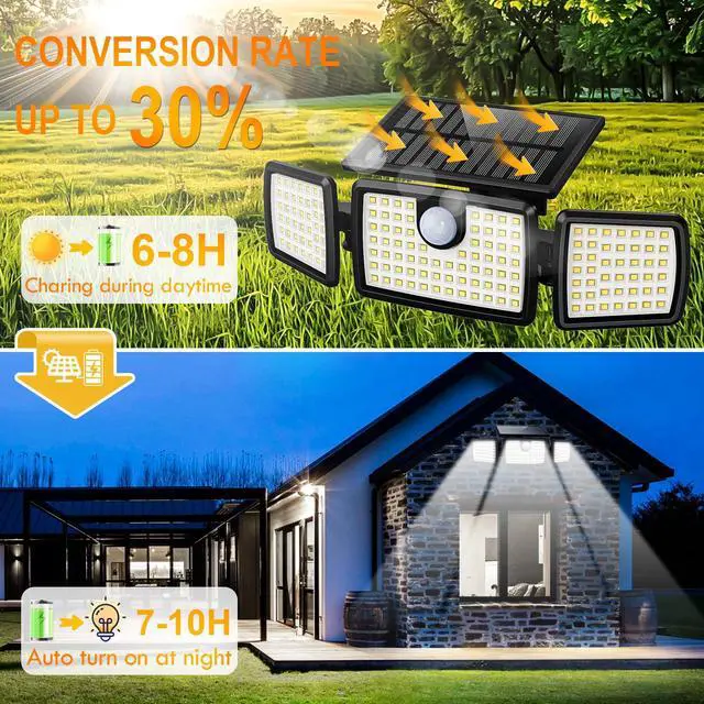 Alt view image 2 of 7 - Solar Flood Lights Outdoor, 2500LM Motion Sensor Security Lights with 270° Wide Angle, IP65 Waterproof, 3 Heads Solar Outdoor Lights for Patio, Yard, House, Garage (Non-Remote, 2 Pack)