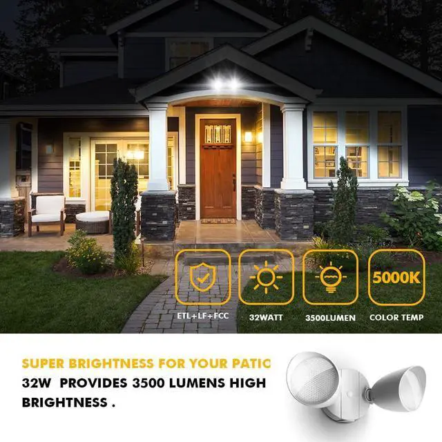 Alt view image 3 of 7 - 6222W 3500 Lumen 32 Watt 28 LED Dual-Head Floodlight Outdoor, Full Metal Design, Waterproof Exterior Security Wall Light for Patio, Garden, Yard-White