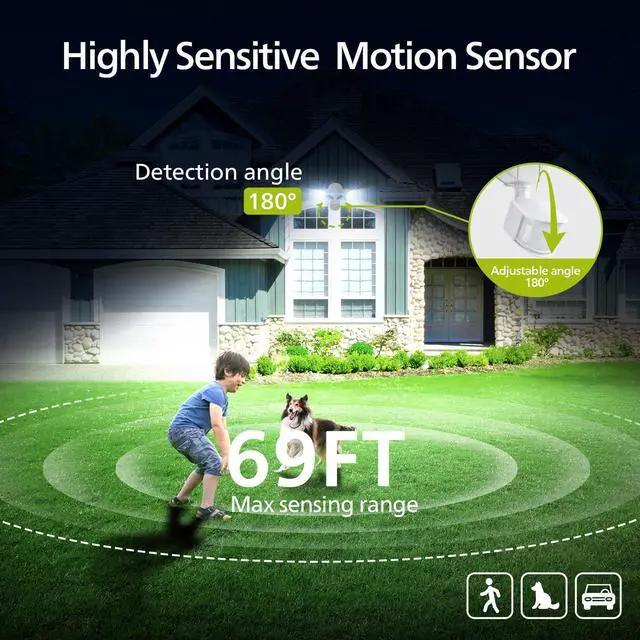 Alt view image 5 of 7 - 44W 4200 lm LED Security Light Outdoor w/PIR Motion Sensor, 5000K Daylight Flood Light, Waterproof, Dusk to Dawn, 2 Heads, 4 Modes