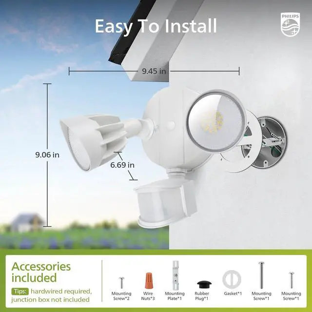 Alt view image 6 of 7 - 44W 4200 lm LED Security Light Outdoor w/PIR Motion Sensor, 5000K Daylight Flood Light, Waterproof, Dusk to Dawn, 2 Heads, 4 Modes