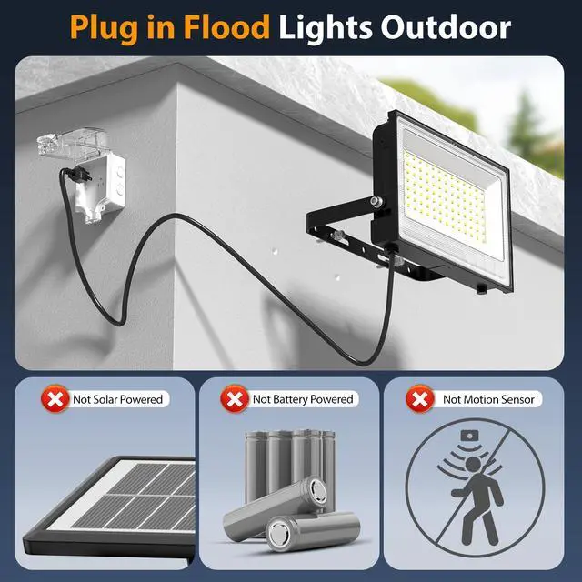 Alt view image 2 of 7 - 120W Flood Lights Outdoor, 12000lm Bright LED Work Light with Plug, 6500K Daylight White LED Flood Lighting, IP66 Waterproof Security Yard Lights for Yard Garage Stadium 2 Pack