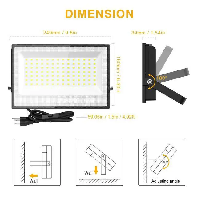 Alt view image 7 of 7 - 120W Flood Lights Outdoor, 12000lm Bright LED Work Light with Plug, 6500K Daylight White LED Flood Lighting, IP66 Waterproof Security Yard Lights for Yard Garage Stadium 2 Pack