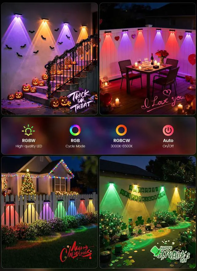 Alt view image 6 of 7 - 8 Pack Solar Fence Lights Outdoor, 3000/4000/6000K/RGB 12 Modes | Fence Lights Solar Powered, 11 Colors, IP65 Waterproof, for Outside Backyard, Deck, Step, Wall, Yard, Patio, Pool, Railing