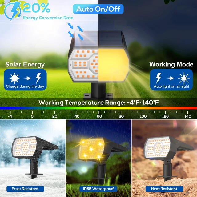 Alt view image 3 of 6 - Solar Lights Outdoor Waterproof - 4 Pack (Warm White) 56 LED 3 Lighting Modes IP68 Waterproof Solar Powered Garden Yard Spot Solar Lights for Outside Landscape