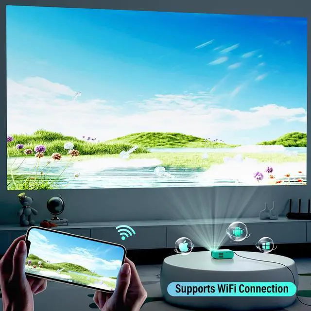 Alt view image 2 of 7 - Mini Projector WiFi Home Theater Portable Projector, Phones Can Be Connected to The Movie Projector Via WiFi or Via Data Cable, Compatible With Smartphone/ Tablet/ Laptop/ TV Stick/ USB Drive