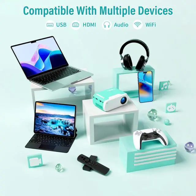 Alt view image 3 of 7 - Mini Projector WiFi Home Theater Portable Projector, Phones Can Be Connected to The Movie Projector Via WiFi or Via Data Cable, Compatible With Smartphone/ Tablet/ Laptop/ TV Stick/ USB Drive