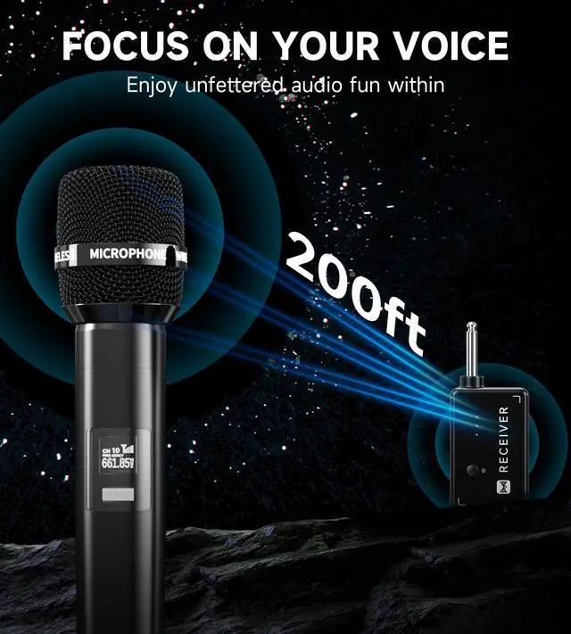 Alt view image 5 of 7 - Wireless Microphones, Wireless Microphone with One-to-One Chip Connection, Less latency, 200FT Range, 40H Rechargeable Battery,Plug and Play, Ergonomic Design, Microphone for Singing, Speaker, Party