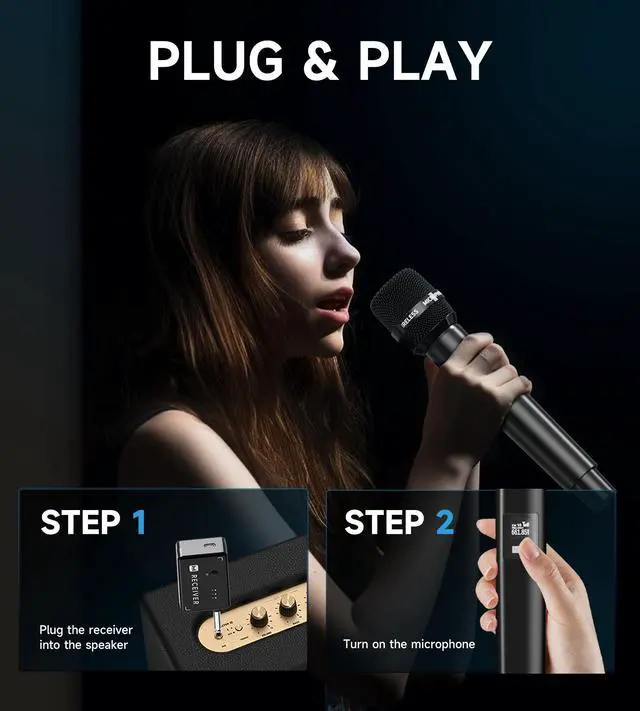 Alt view image 7 of 7 - Wireless Microphones, Wireless Microphone with One-to-One Chip Connection, Less latency, 200FT Range, 40H Rechargeable Battery,Plug and Play, Ergonomic Design, Microphone for Singing, Speaker, Party