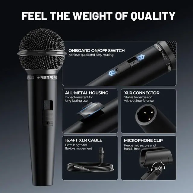 Alt view image 5 of 7 - Dynamic Vocal Microphone, Cardioid Microphone with ON/Off Switch, 16.4 ft XLR Cable, Mic Clip, Storage Bag, Wired Handheld Mic for Singing, Stage, Studio, Karaoke (PM-25S)