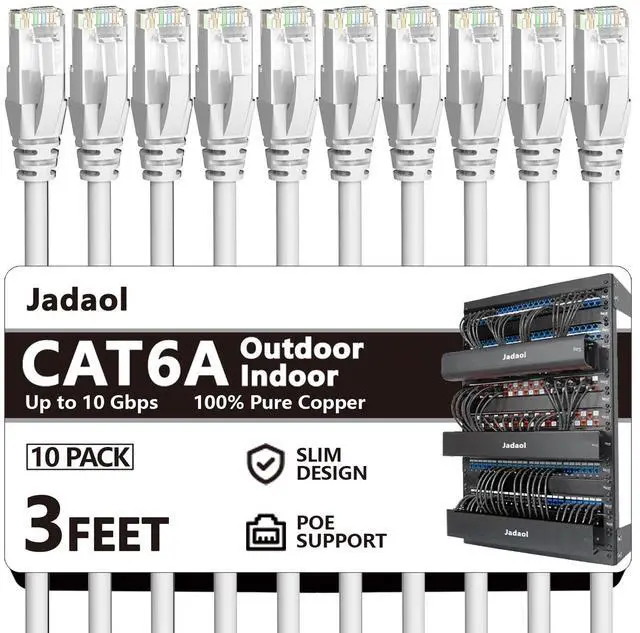 Main image of Cat6a Ethernet Cable 3 ft 10 Pack, Slim 10G 550MHz 28AWG Patch Cable, Snagless Pure Copper Network Cable, Flexible LAN Cable for Router, Modem, Switch, Patch Panel, Data Center, Gaming, White