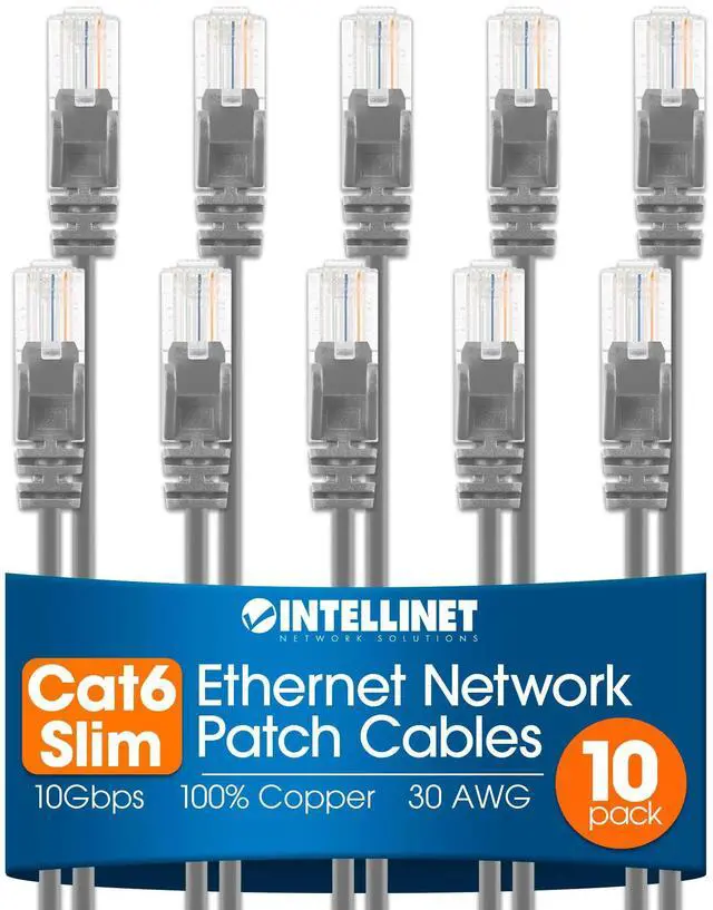 Main image of Slim Cat6 Ethernet Network Patch Cable 10-Pack - 10Gbps & 250MHz, Snagless Boot, 30AWG Pure Bare Copper Wire, Gold-Plated Contacts, Lifetime Mfg Warranty - 1ft, 10 Pack, Grey