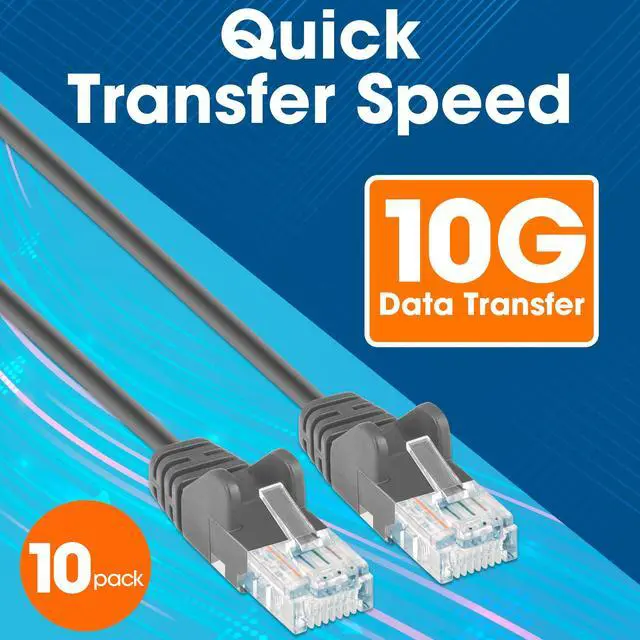 Alt view image 3 of 7 - Slim Cat6 Ethernet Network Patch Cable 10-Pack - 10Gbps & 250MHz, Snagless Boot, 30AWG Pure Bare Copper Wire, Gold-Plated Contacts, Lifetime Mfg Warranty - 1ft, 10 Pack, Grey