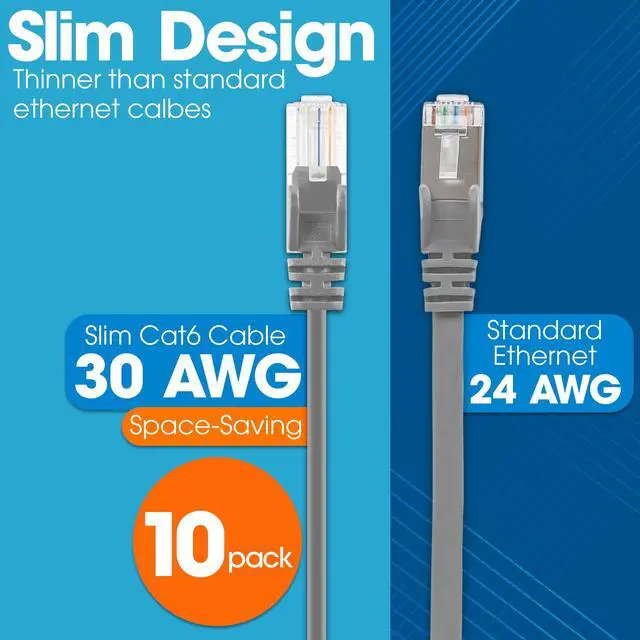 Alt view image 2 of 7 - Slim Cat6 Ethernet Network Patch Cable 10-Pack - 10Gbps & 250MHz, Snagless Boot, 30AWG Pure Bare Copper Wire, Gold-Plated Contacts, Lifetime Mfg Warranty - 1ft, 10 Pack, Grey