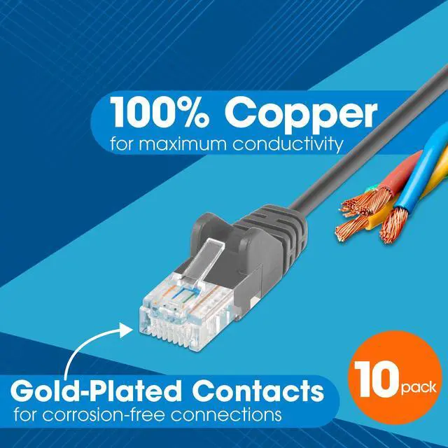 Alt view image 4 of 7 - Slim Cat6 Ethernet Network Patch Cable 10-Pack - 10Gbps & 250MHz, Snagless Boot, 30AWG Pure Bare Copper Wire, Gold-Plated Contacts, Lifetime Mfg Warranty - 1ft, 10 Pack, Grey