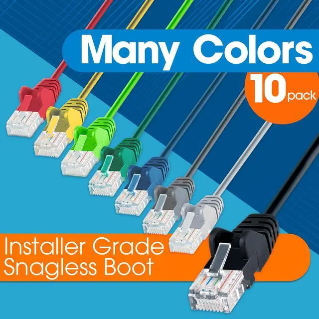 Alt view image 5 of 7 - Slim Cat6 Ethernet Network Patch Cable 10-Pack - 10Gbps & 250MHz, Snagless Boot, 30AWG Pure Bare Copper Wire, Gold-Plated Contacts, Lifetime Mfg Warranty - 1ft, 10 Pack, Grey