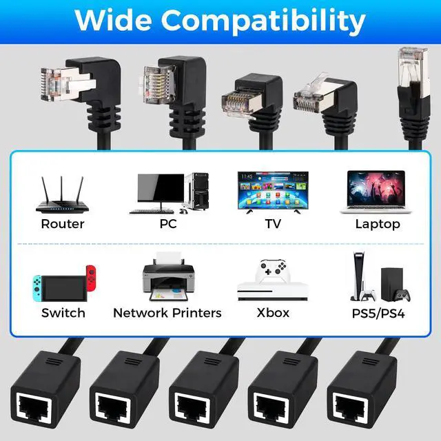 Alt view image 6 of 6 - Cat 6 Ethernet Extension Cable 5 PackMultiple AnglesUP/Down/Left/Right/Straight, Cat6 RJ45 Network LAN Patch Cord Adapter, FTP Shielded Male to Female Connector, Supports CAT5E/CAT5-0.6 Feet