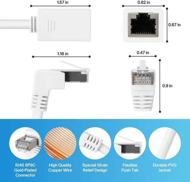 Alt view image 2 of 5 - 90 Degree Cat 6 Ethernet Extension Cable 4 PackRight Angles (UP & Down) Short Cat6 Male to RJ45 Female Network LAN Patch Cord FTP Shielded Extender Adapter Connector, Supports CAT5E/CAT5-1 Feet White