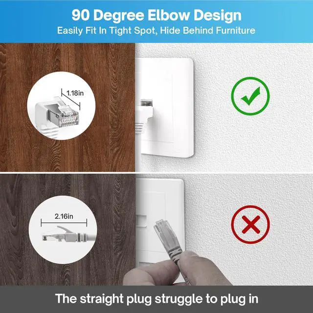 Alt view image 4 of 5 - 90 Degree Cat 6 Ethernet Extension Cable 4 PackRight Angles (UP & Down) Short Cat6 Male to RJ45 Female Network LAN Patch Cord FTP Shielded Extender Adapter Connector, Supports CAT5E/CAT5-1 Feet White
