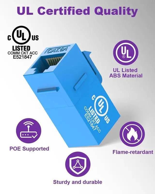 Alt view image 2 of 7 - UL-Listed CAT6A Keystone Coupler, Ethernet Coupler Female to Female, RJ45 Coupler for CAT6A/CAT6/CAT5E, Keystone Jack, Blue, 25-Pack