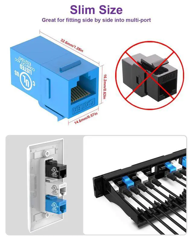 Alt view image 4 of 7 - UL-Listed CAT6A Keystone Coupler, Ethernet Coupler Female to Female, RJ45 Coupler for CAT6A/CAT6/CAT5E, Keystone Jack, Blue, 25-Pack