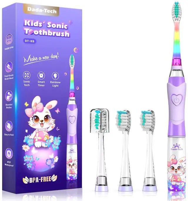 Main image of Kids Electric Toothbrush with Timer Toddler Toothbrush Age 2-4-8-12 Girls Electric Toothbrush Rainbow LED Light Up Vibrating Toothbrush Battery Operated Childrens Sonic Tooth Brush (Rabbit Purple)