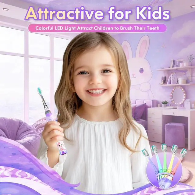 Alt view image 2 of 6 - Kids Electric Toothbrush with Timer Toddler Toothbrush Age 2-4-8-12 Girls Electric Toothbrush Rainbow LED Light Up Vibrating Toothbrush Battery Operated Childrens Sonic Tooth Brush (Rabbit Purple)