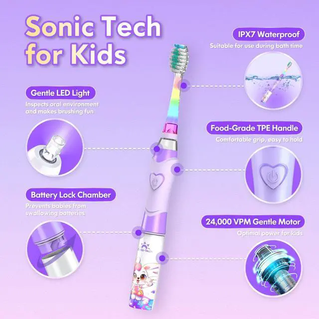 Alt view image 4 of 6 - Kids Electric Toothbrush with Timer Toddler Toothbrush Age 2-4-8-12 Girls Electric Toothbrush Rainbow LED Light Up Vibrating Toothbrush Battery Operated Childrens Sonic Tooth Brush (Rabbit Purple)