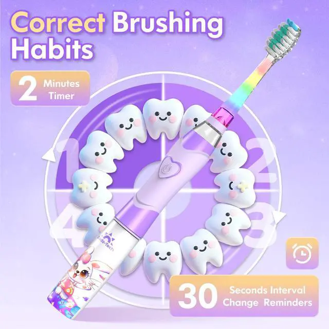Alt view image 6 of 6 - Kids Electric Toothbrush with Timer Toddler Toothbrush Age 2-4-8-12 Girls Electric Toothbrush Rainbow LED Light Up Vibrating Toothbrush Battery Operated Childrens Sonic Tooth Brush (Rabbit Purple)