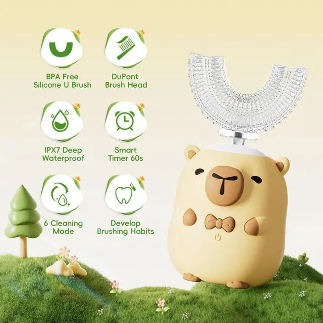 Alt view image 2 of 6 - Kids Electric Toothbrush U Shaped - Cartoon Capybara with 6 Brush Heads Full Mouth Degree Cleaning Sonic Toddler Automatic Toothbrush with IPX7 Waterproof (Capybara 2-14 Years)